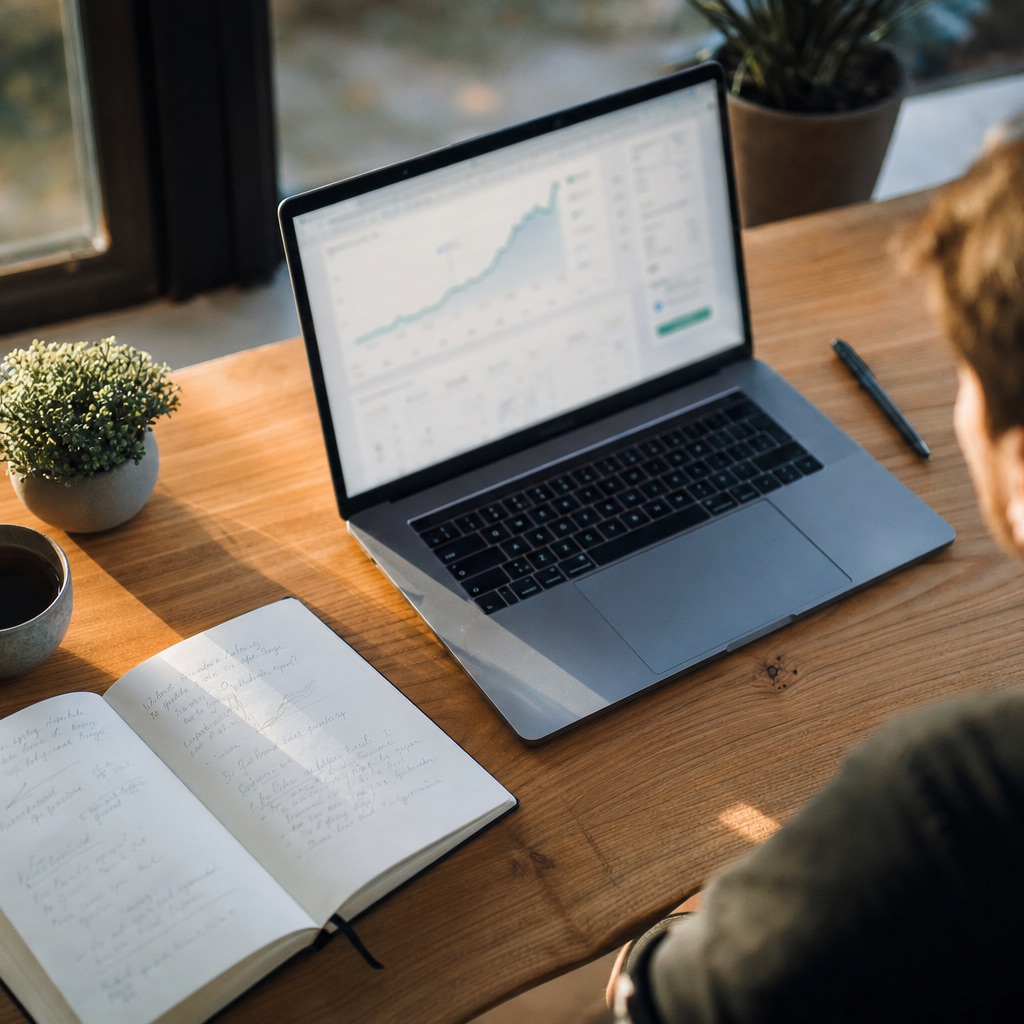 Modern desk at golden hour with laptop showing a rising analytics curve, notebook and coffee